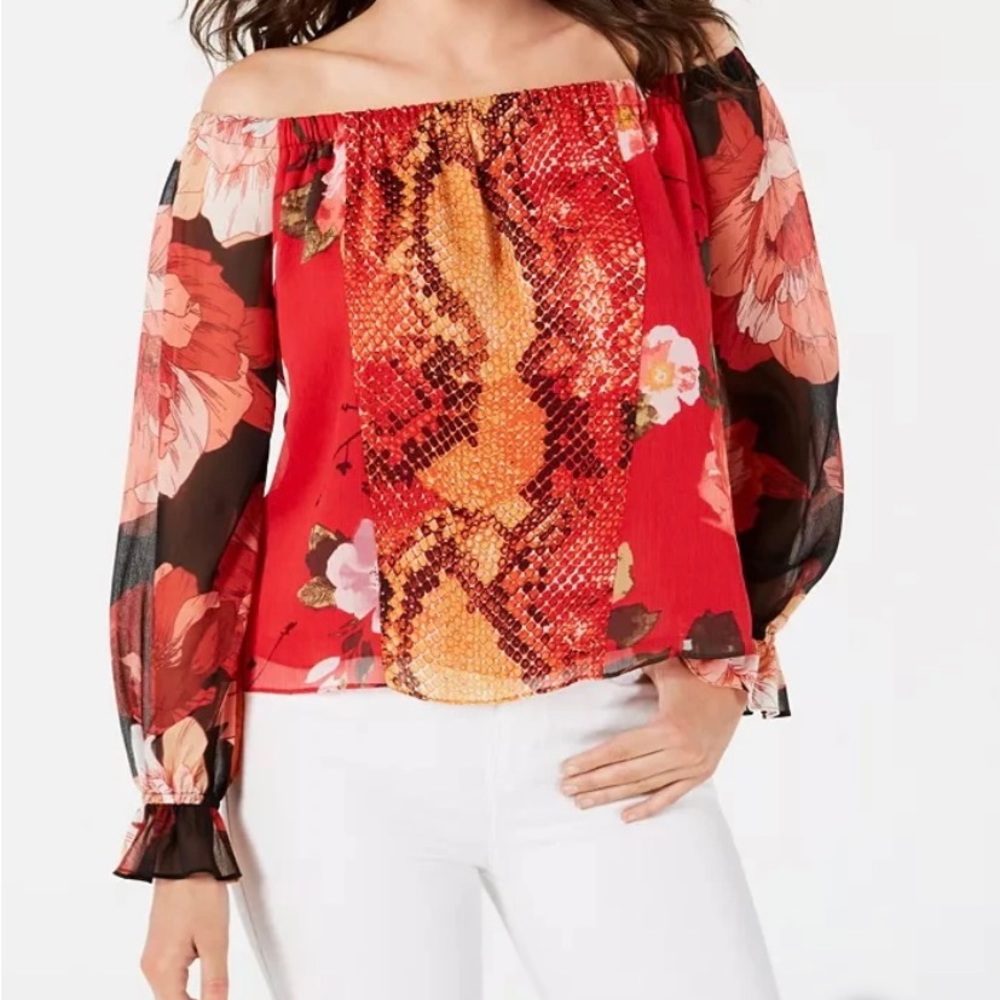 Brand New Guess Off the Shoulders Viper Print Blouse